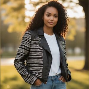 BCBGMaxAzria Black and White Patterned Jacket Sz Large